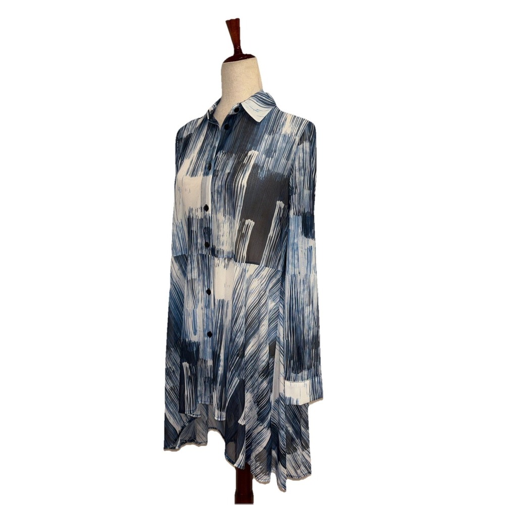 Kozan Tunic Blue White‎ Abstract Sheer Top Collared Women's Medium